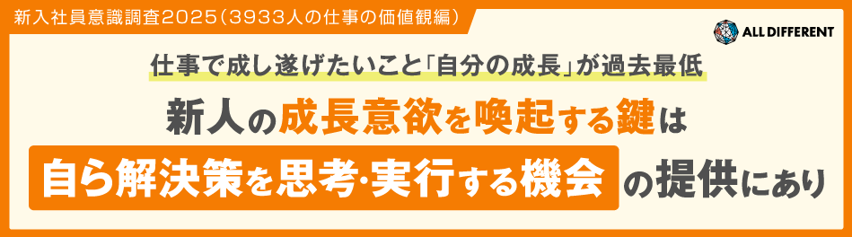 新入社員意識調査2025（3933人の仕事の価値観編）仕事で成し遂げたいこと「自分の成長」が過去最低 新人の成長意欲を喚起する鍵は「自ら解決策を思考・実行する機会」の提供にあり | 調査・研究