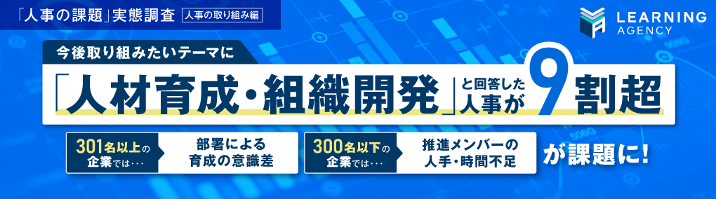 【「人事の課題」実態調査（人事の取り組み編）】
今後取り組みたいテーマに「人材育成・組織開発」と回答した人事が9割超。301名以上の企業では「部署による育成の意識差」、300名以下では「推進メンバーの人手・時間不足」が課題に